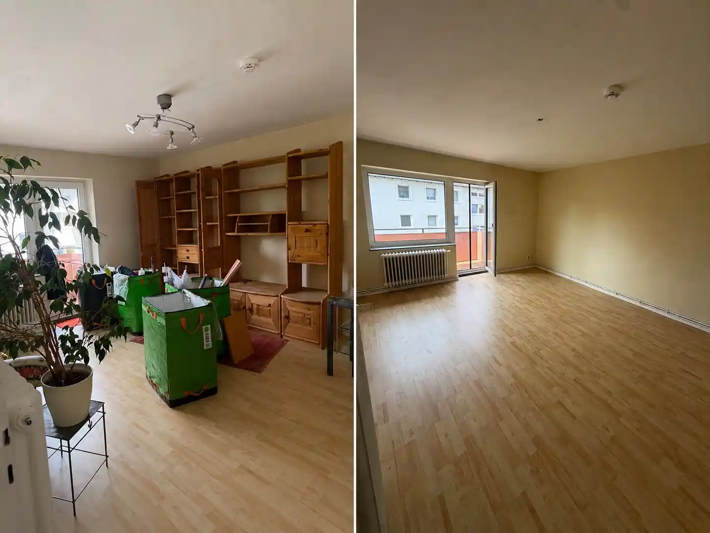 Entrümpelung in Bochum – Wohnzimmer vorher und nachher: Schrankwand und Sperrmüll entsorgt, Raum besenrein übergeben durch Movehaus